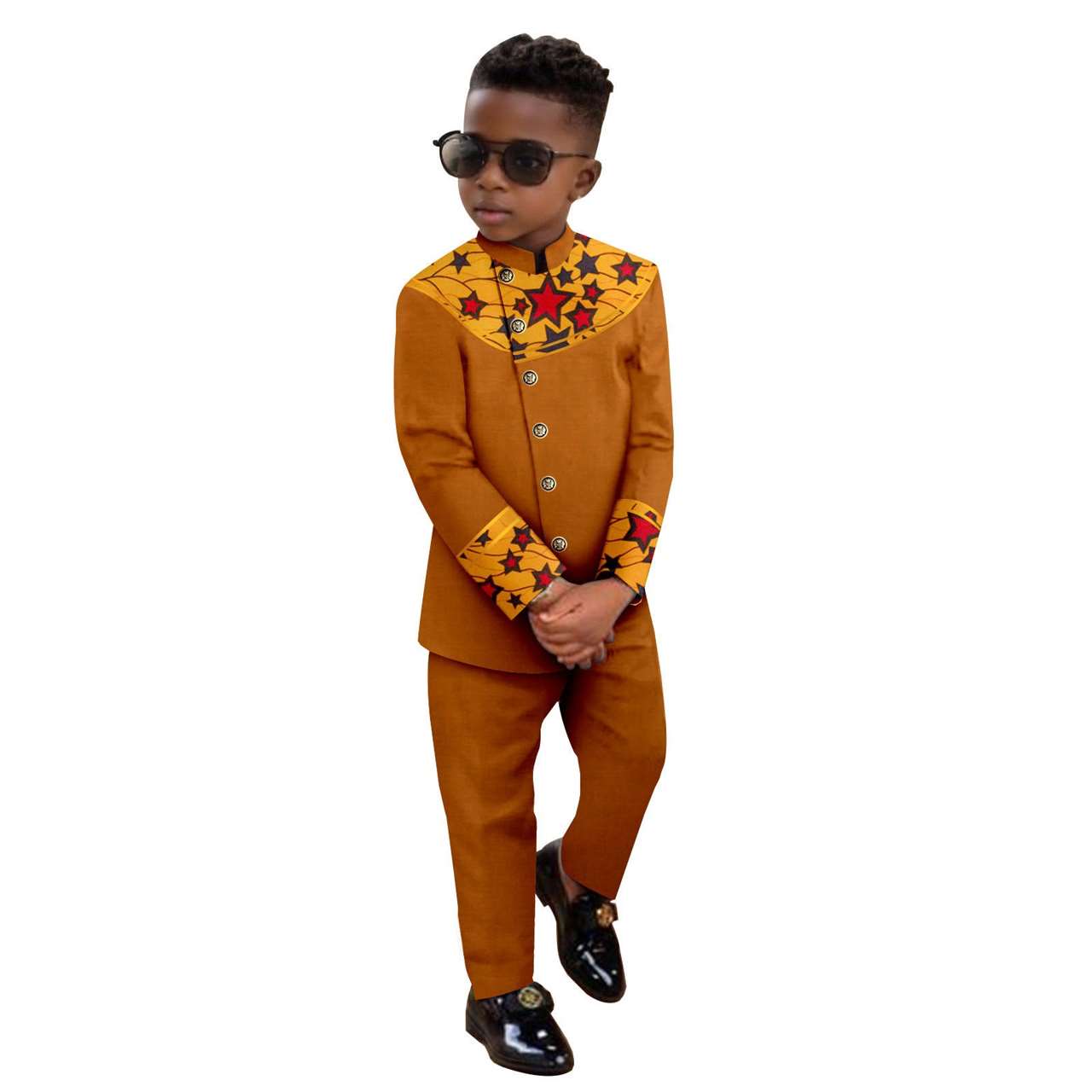 Boy Suits Dashiki Stand Jacket Button Bright Silk Top and Pant Sets