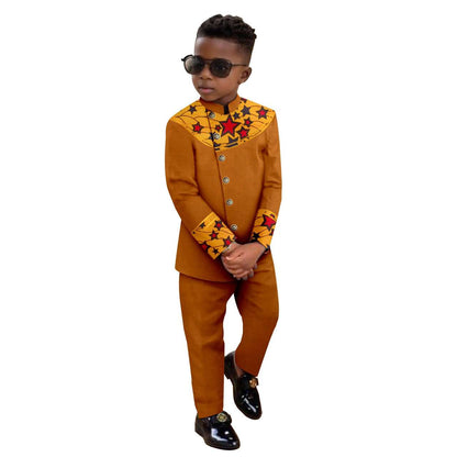 Boy Suits Dashiki Stand Jacket Button Bright Silk Top and Pant Sets