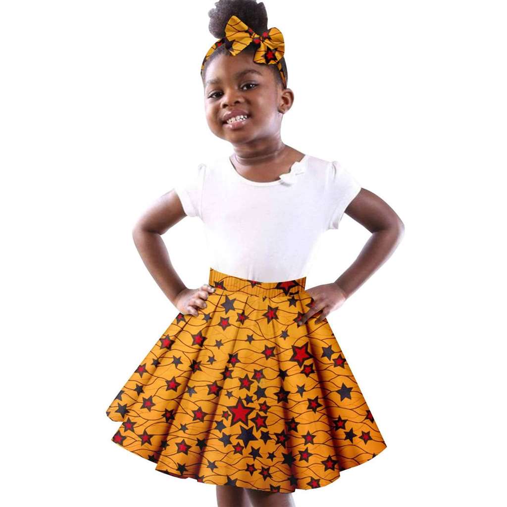 Girls White Top Tee and Print Skirts Sets Matching Bow tie Head wrap