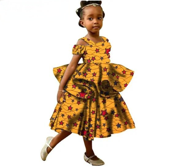 Girls African Clothes Ankara Print Double Layer Ruffles Dresses