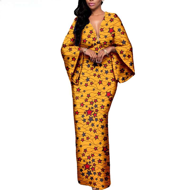 African Couple Print Deep V neck Long Women Dresses Men Sets CC002-2