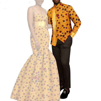 African Mermaid Print Dresses Match Men suits Sets CC049