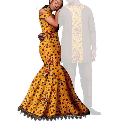 Ankara Print Lace Long Mermaid Dresses Match Men Outfits CC076-2