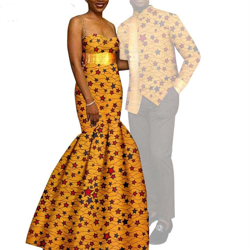 African Mermaid Print Dresses Match Men suits Sets CC049