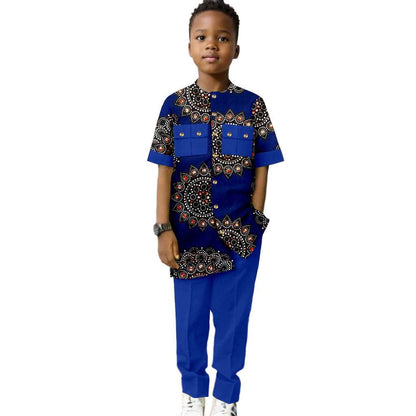 Dashiki Boys Outfits Casual Print Button Top Shirt and Pant Sets