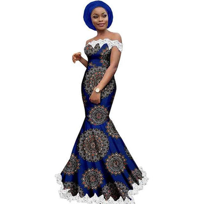 Women Ankara Strapless Lace Party Dress with Head Wrap