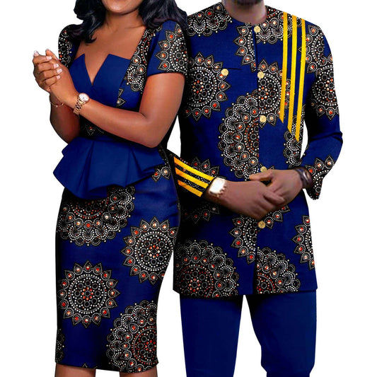 Couple Clothes African Print Hip Women Dresses Men Sets CC032-3