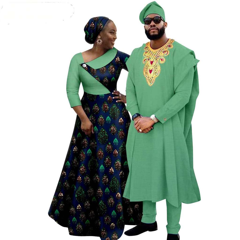 African Print Long Dresses for Women Match Men Robe Sets CC050-3