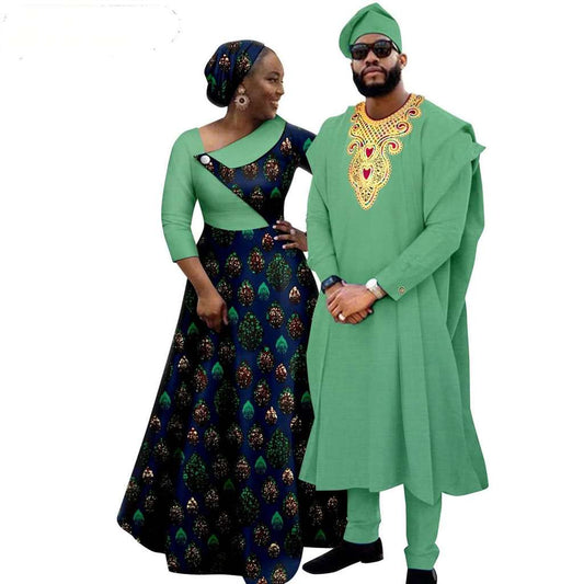 African Print Long Dresses for Women Match Men Robe Sets CC050-3