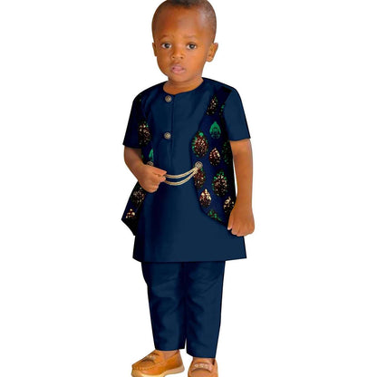 Boy Summer Print False Two-piece Suit Top and Pant Sets KID077