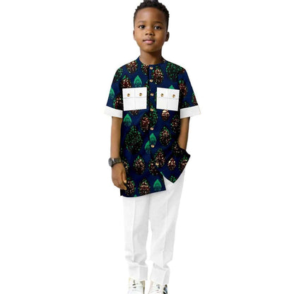 Dashiki Boys Outfits Casual Print Button Top Shirt and Pant Sets