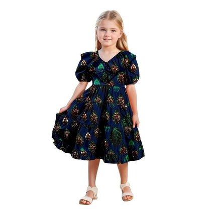 Girls Ankara Print Double Ruffles Collar Dresses Party Dresses