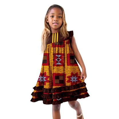 African Clothes Ankara Print A-line Dresses Sleeveless Ruffles Dress