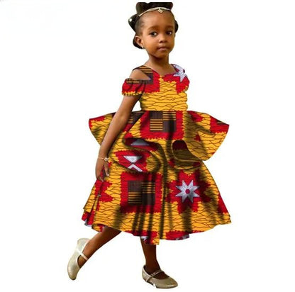 Girls African Clothes Ankara Print Double Layer Ruffles Dresses