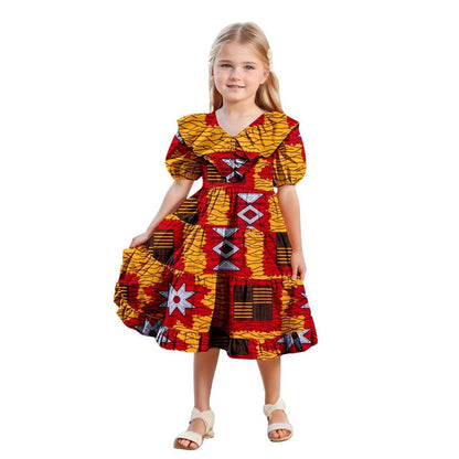 Girls Ankara Print Double Ruffles Collar Dresses Party Dresses