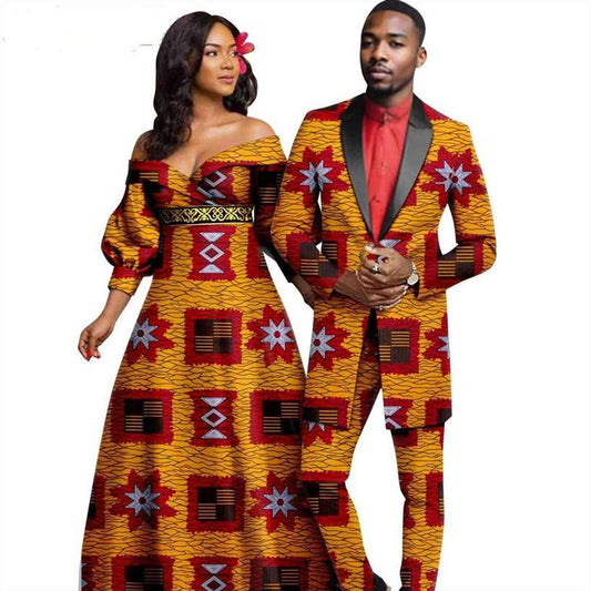 African Women Print Long Dresses Match Men Suit Sets CC046-2