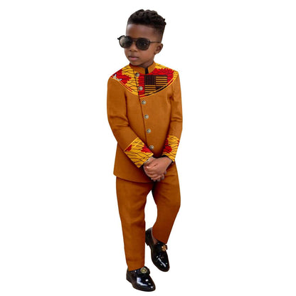 Boy Suits Dashiki Stand Jacket Button Bright Silk Top and Pant Sets