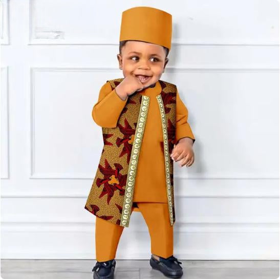 African Clothes Outfits Print Vest Tee Pant Cap for Kids