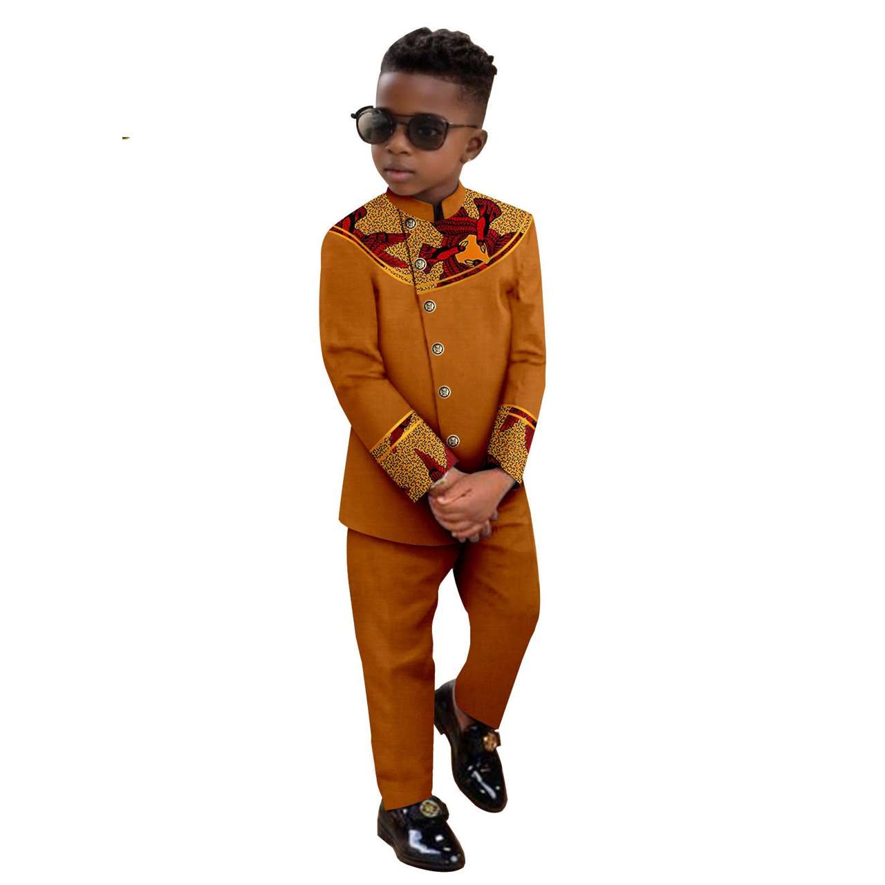 Boy Suits Dashiki Stand Jacket Button Bright Silk Top and Pant Sets