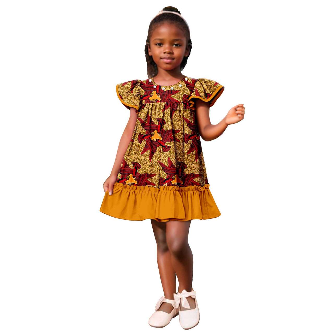 Girls Ankara Print A-line Dresses Ruffle Puff Sleeve Dress KID078