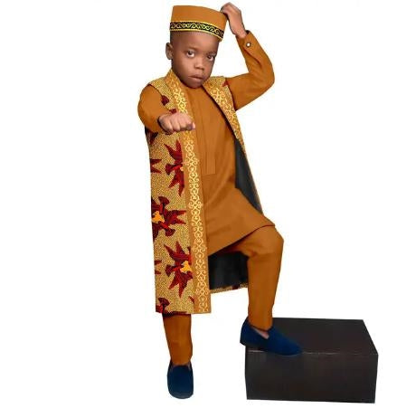 Kids African Clothes Print Top and Pant Sets Match Cap