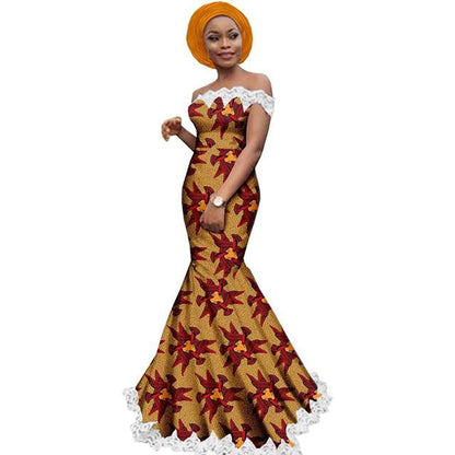 Women Ankara Strapless Lace Party Dress with Head Wrap