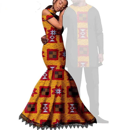 Ankara Print Lace Long Mermaid Dresses Match Men Outfits CC076-2