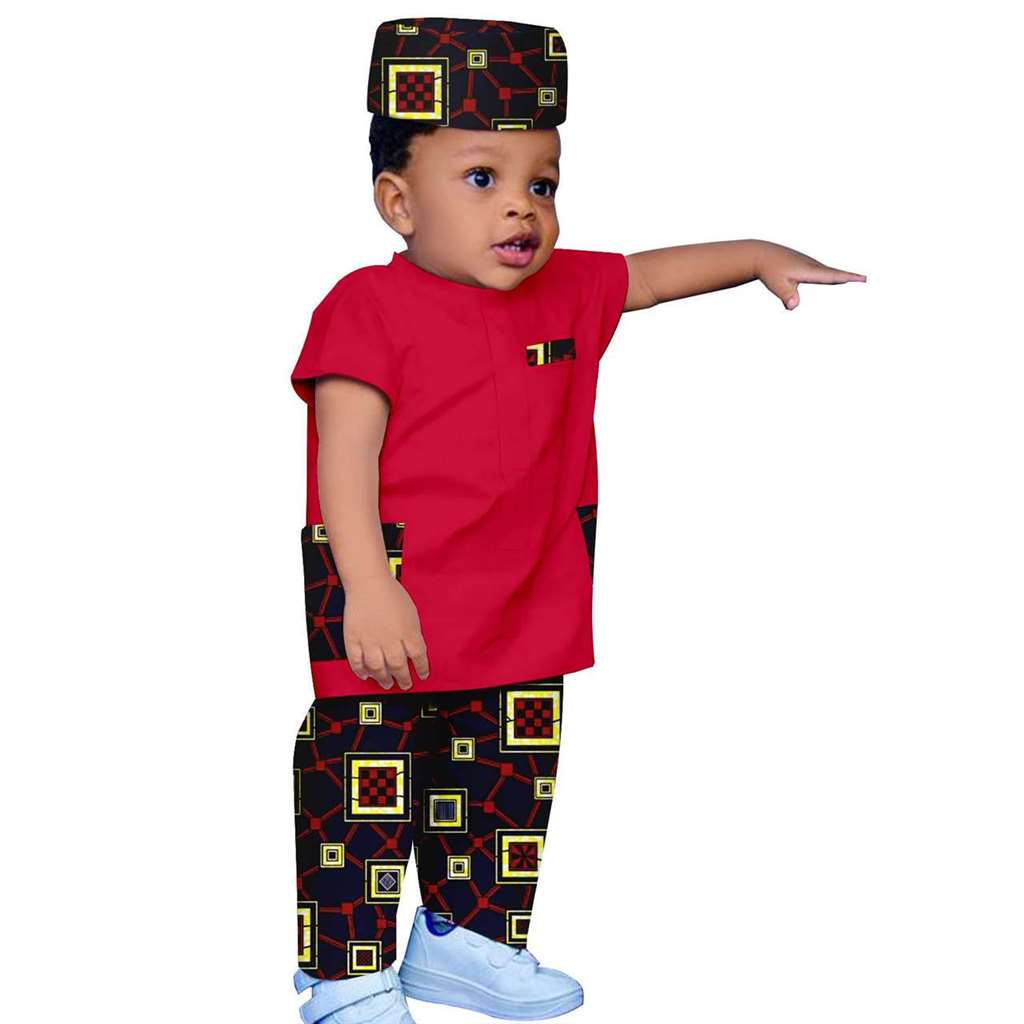 Boy Outfit Print Short Sleeve Top and Pant Hat 3 Pieces Muslim Sets