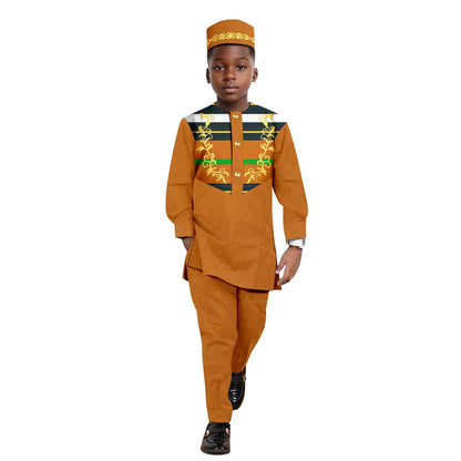 African Clothes for Boys Outfits Print Appliques Shirt and Pant Sets