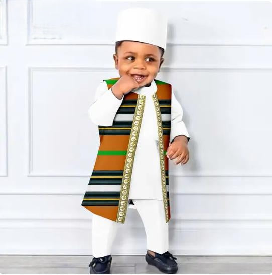 African Clothes Outfits Print Vest Tee Pant Cap for Kids