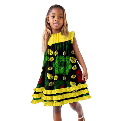 African Clothes Ankara Print A-line Dresses Sleeveless Ruffles Dress