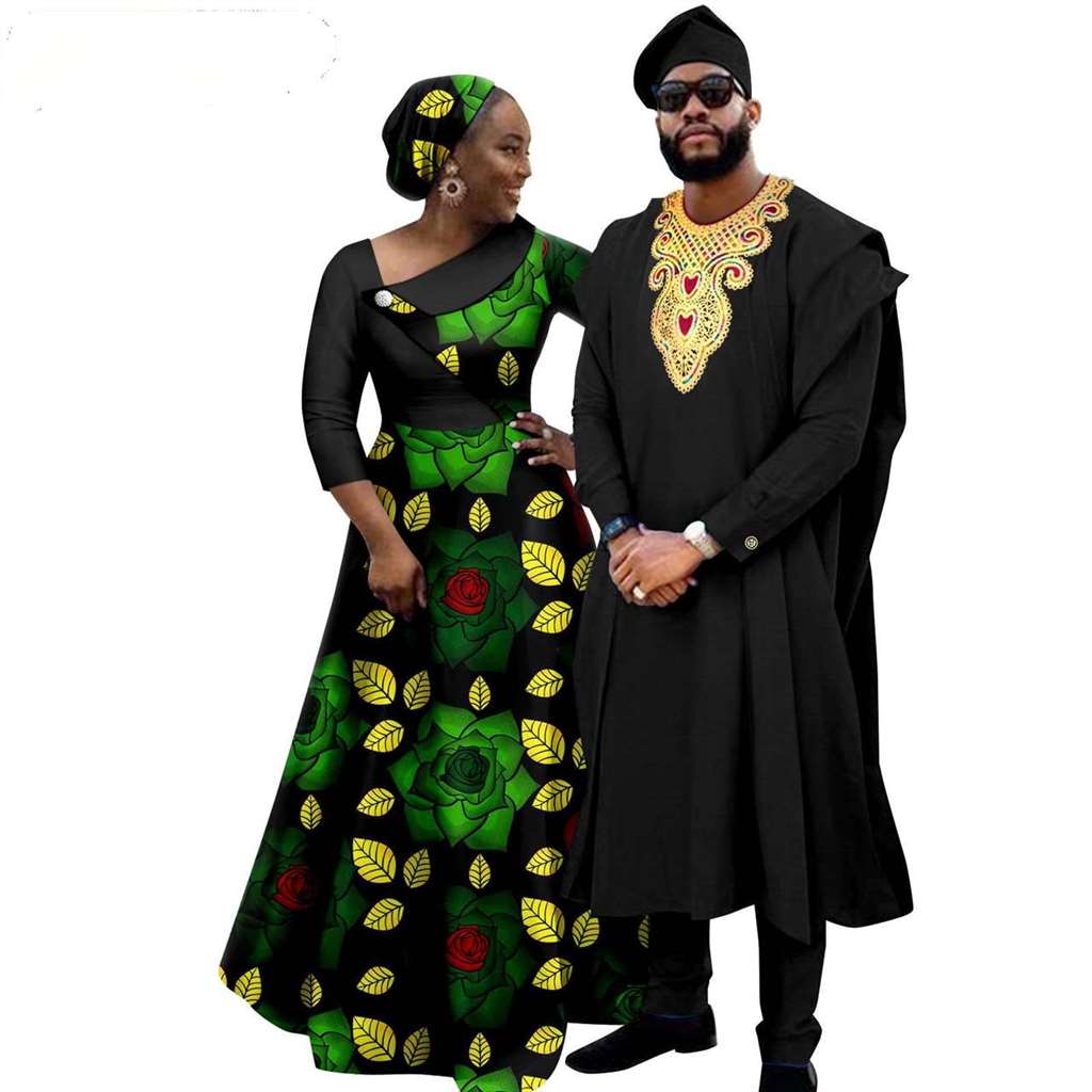 African Print Long Dresses for Women Match Men Robe Sets CC050-3