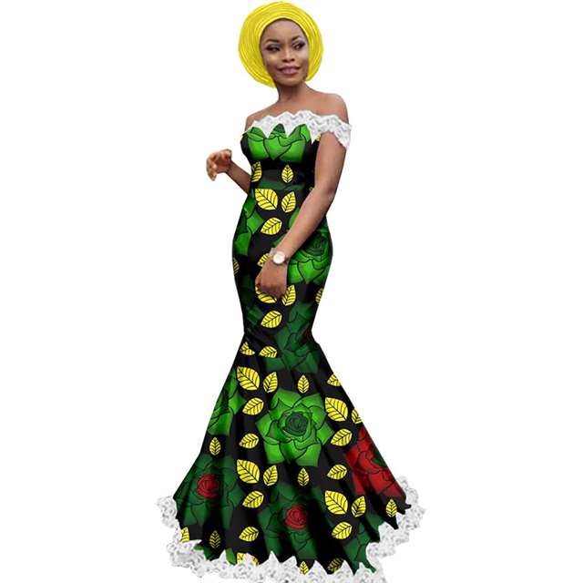 Women Ankara Strapless Lace Party Dress with Head Wrap