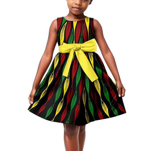 African Girls Ankara Print Dresses with Bow Belt Outfits