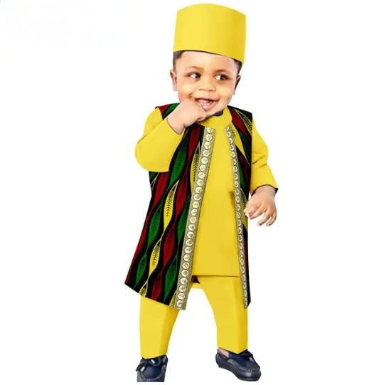 African Clothes Outfits Print Vest Tee Pant Cap for Kids