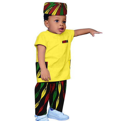 Boy Outfit Print Short Sleeve Top and Pant Hat 3 Pieces Muslim Sets