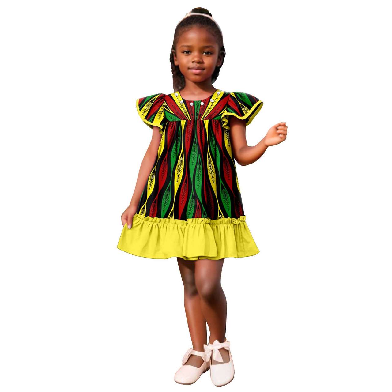 Girls Ankara Print A-line Dresses Ruffle Puff Sleeve Dress KID078