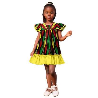 Girls Ankara Print A-line Dresses Ruffle Puff Sleeve Dress KID078