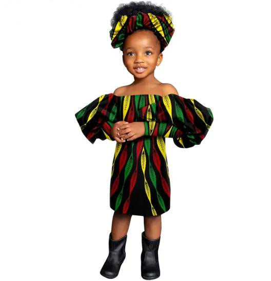 Girls African Clothes Print Knee-length Dresses Outfits