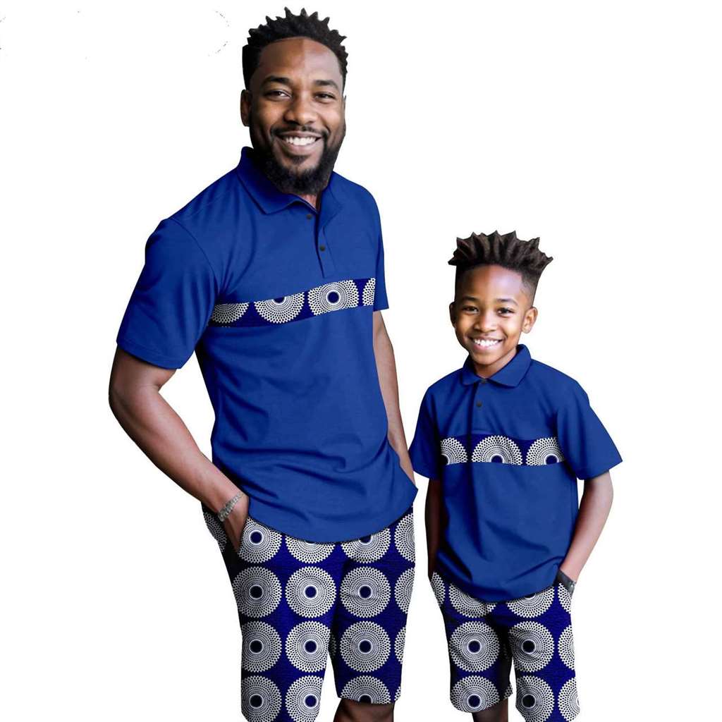 African Clothes Father and Son Print Shirt and Short Pant Sets FM001-2