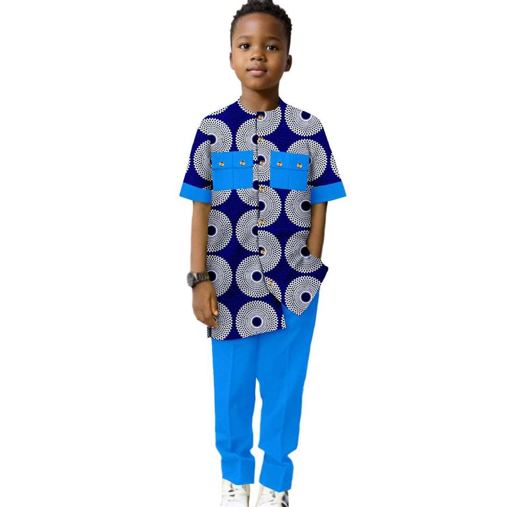 Dashiki Boys Outfits Casual Print Button Top Shirt and Pant Sets