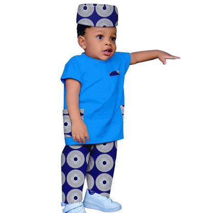 Boy Outfit Print Short Sleeve Top and Pant Hat 3 Pieces Muslim Sets