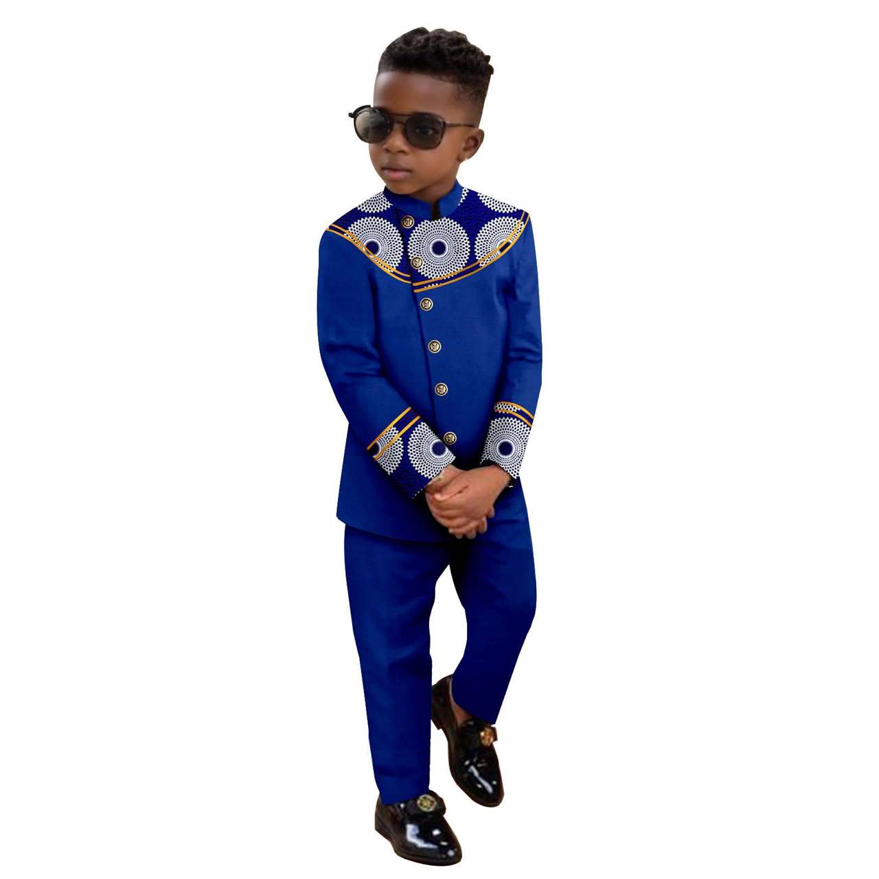 Boy Suits Dashiki Stand Jacket Button Bright Silk Top and Pant Sets