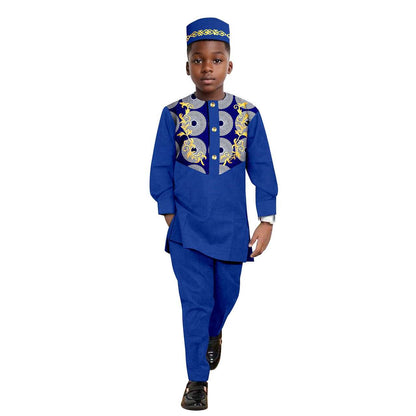 African Clothes for Boys Outfits Print Appliques Shirt and Pant Sets