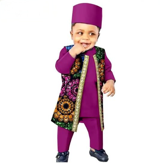 African Clothes Outfits Print Vest Tee Pant Cap for Kids