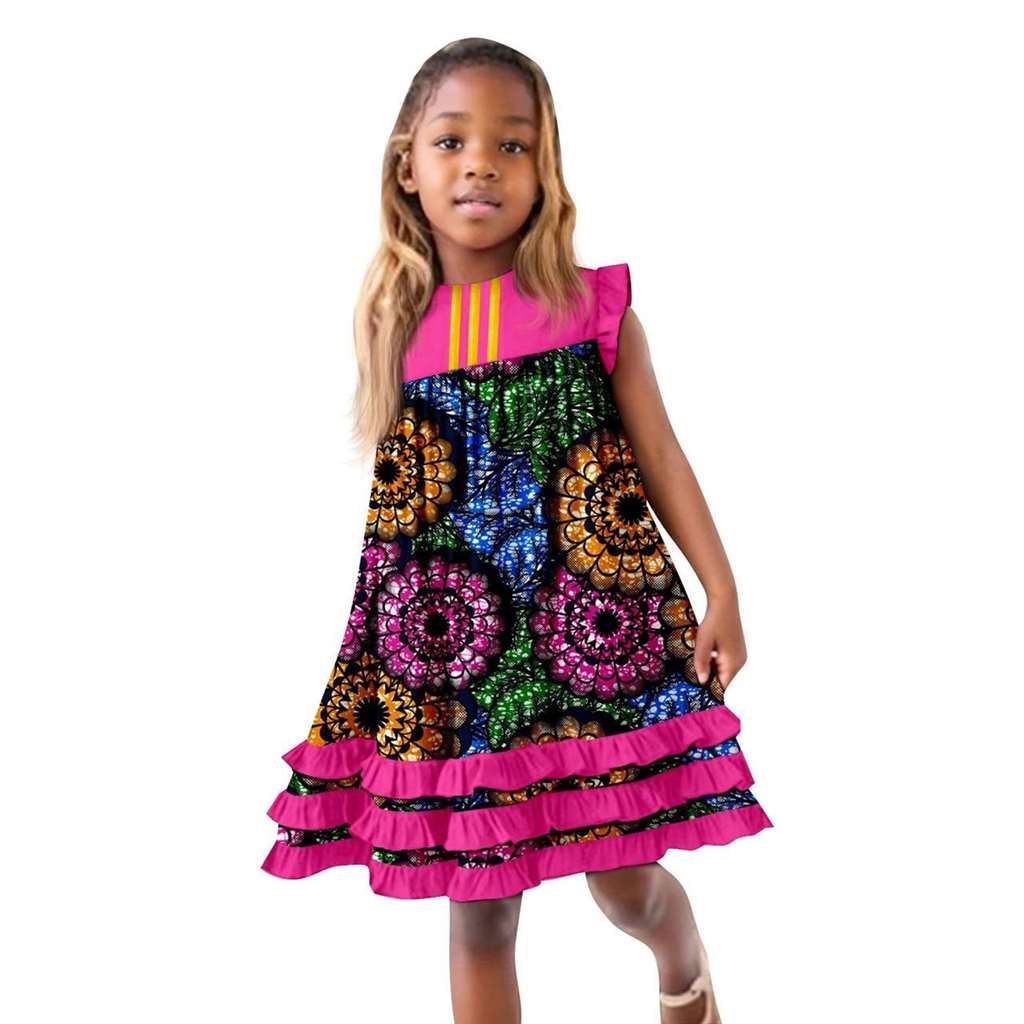 African Clothes Ankara Print A-line Dresses Sleeveless Ruffles Dress