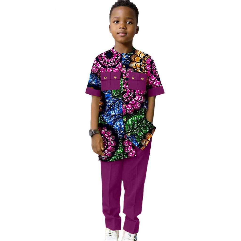 Dashiki Boys Outfits Casual Print Button Top Shirt and Pant Sets