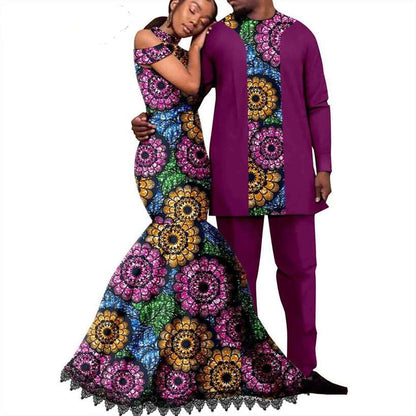 Ankara Print Lace Long Mermaid Dresses Match Men Outfits CC076-2