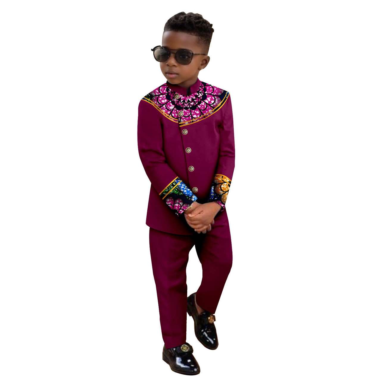 Boy Suits Dashiki Stand Jacket Button Bright Silk Top and Pant Sets