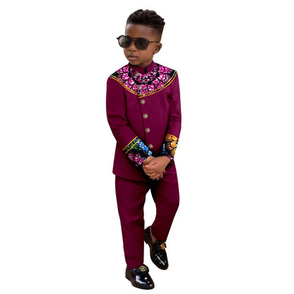 Boy Suits Dashiki Stand Jacket Button Bright Silk Top and Pant Sets